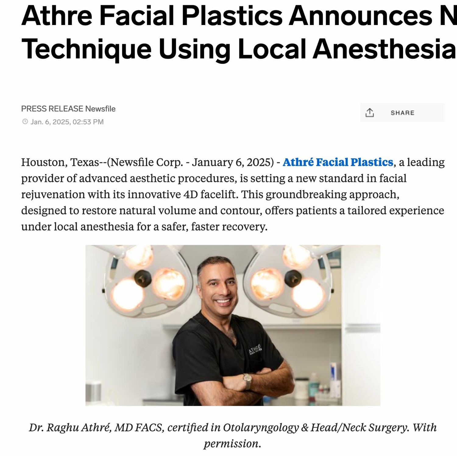 Athre Facial Plastics innovative 4D facelift announcement