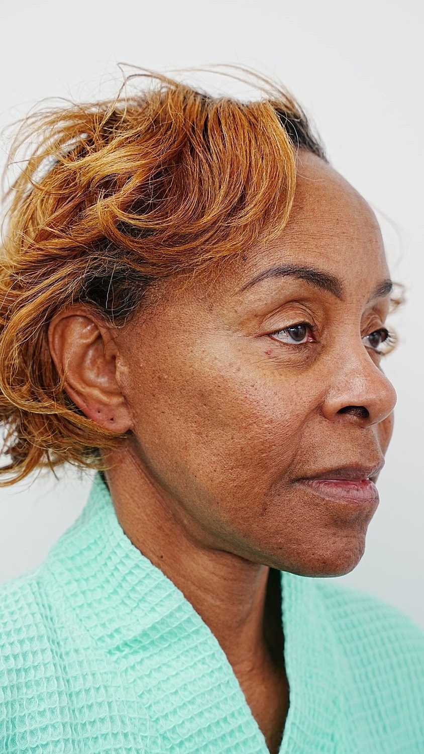 Profile of a woman with short curly hair.